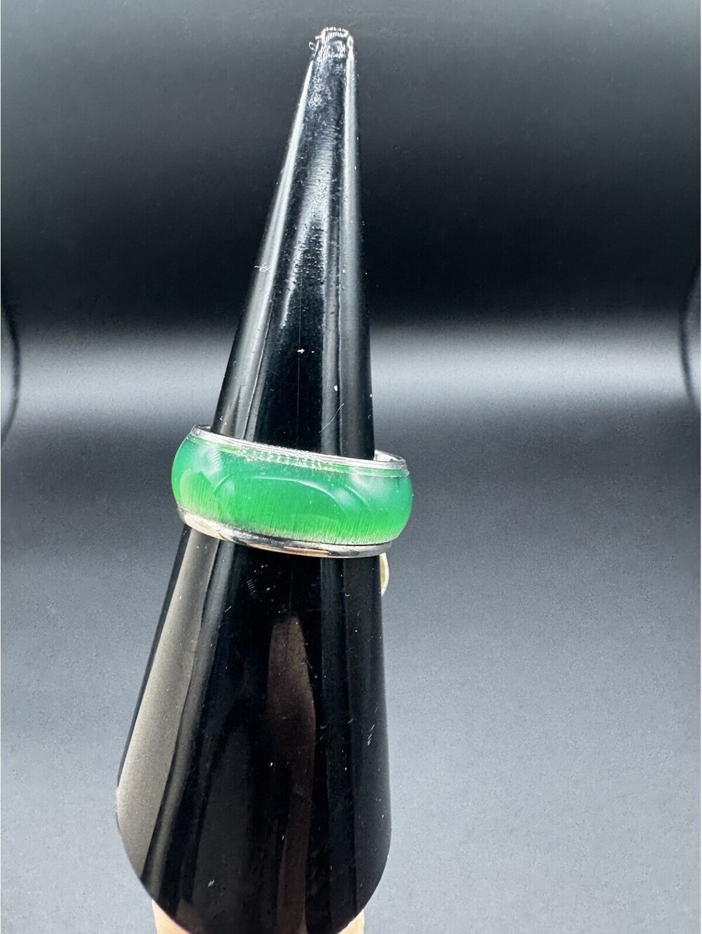 Stainless Steel Green Cat Eye Inlay Band Ring Unisex Glass Fiber Style Size 6